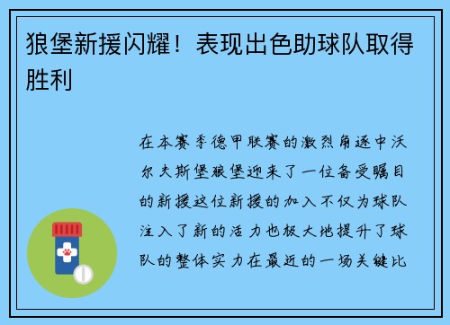 狼堡新援闪耀！表现出色助球队取得胜利